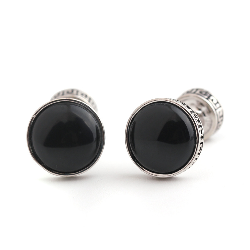 Gemelli rotondi a doppia testa con occhio di gatto nero, gemelli con gemma oliata e vernice da forno_voghion.com