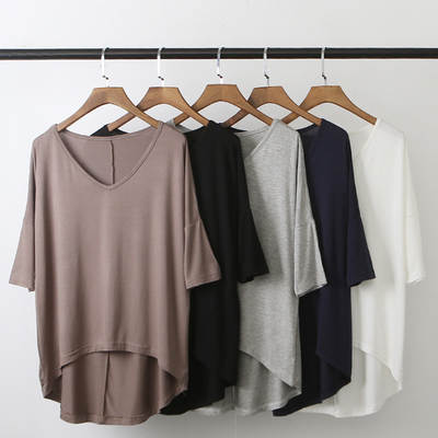 Spring and Summer new modal batwing sleeve half sleeve t-shirt women's casual Korean V-neck solid color plus size half sleeve bottoming shirt