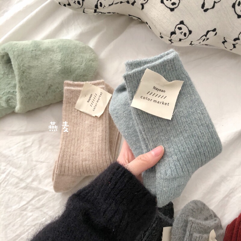 nayean Nanye Socks Women's Mid-barrel Japanese Solid Color ins Korean Cashmere Pile Autumn and Winter Wool Socks for Women