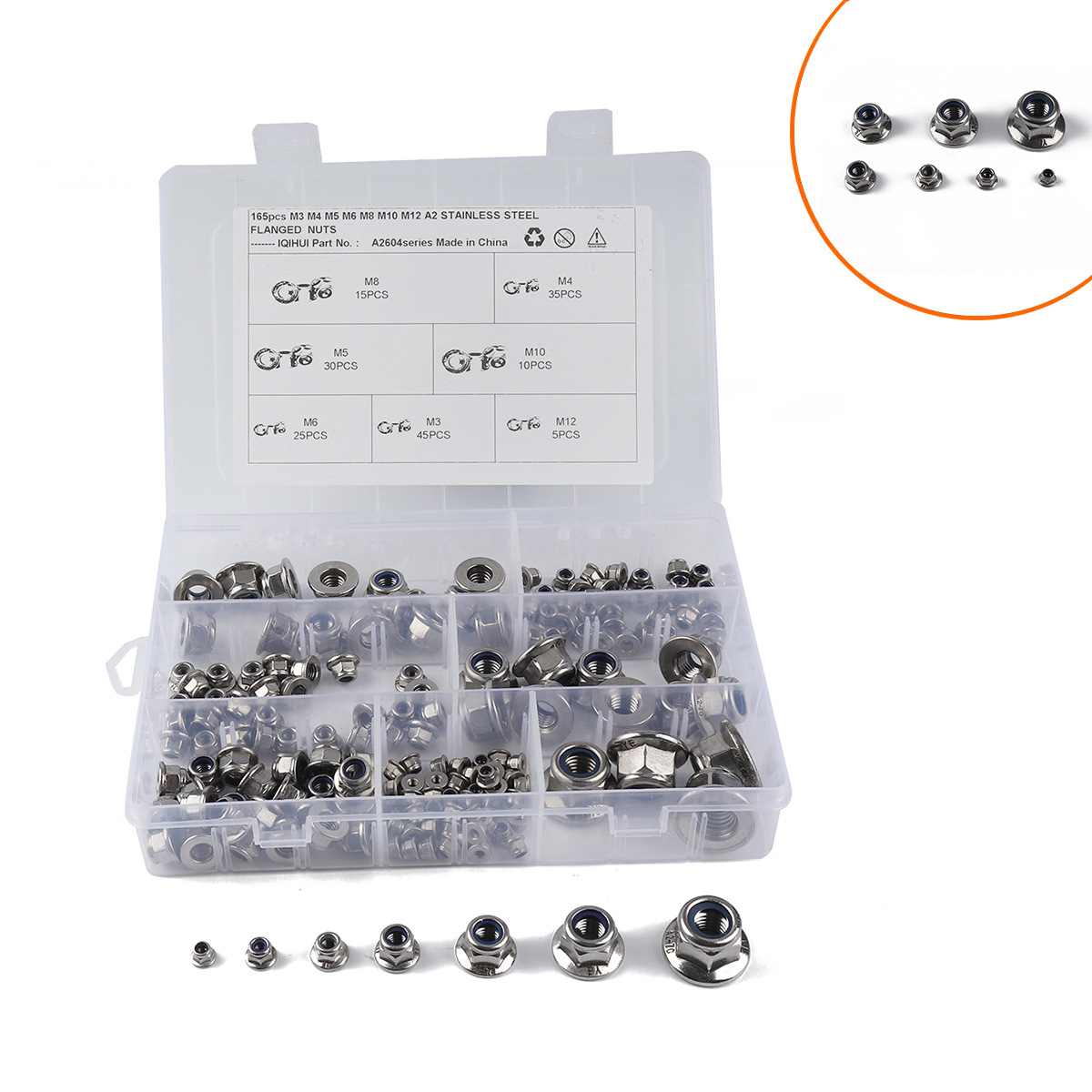 跨境165只盒装-304不锈钢法兰尼龙螺母7种规格M3-M12自锁防松螺母