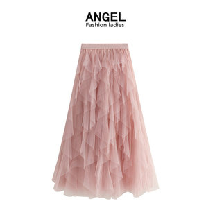 Autumn and Winter Korean style elastic waist fashionable all-match slimming mesh stitching irregular mid-length high waist skirt 8868