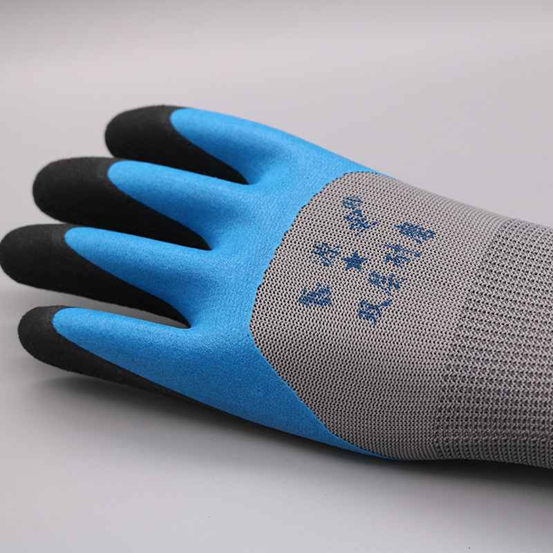 Guantes de protección laboral de nailon de doble capa con revestimiento reforzado en la palma, resistentes al desgaste y antideslizantes, adecuados para trabajos en talleres y sitios de construcción.