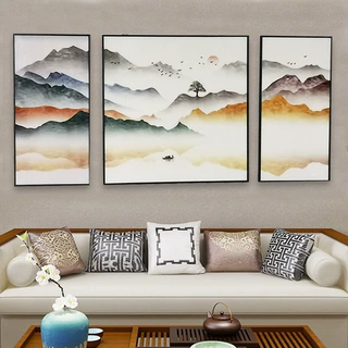 晶瓷新中式客厅装饰画水墨禅意山水风景沙发背景墙画三联卧室挂画