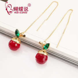 S925银耳针水果樱桃耳环女长款百搭流苏水晶耳线韩国网红个性耳饰