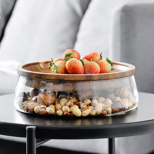 Factory direct selling fruit plate European style creative double-layer glass dried fruit melon seeds nut plate wooden candy storage box
