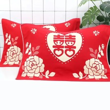 结婚枕巾三层纱布大红色枕头巾成人礼品多款花型两条代发