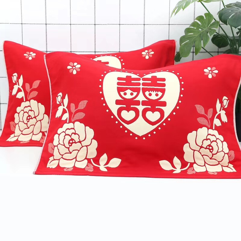 Marriage pillowcase three-layer gauze large red pillowcase adult gift various patterns two pieces drop shipping 