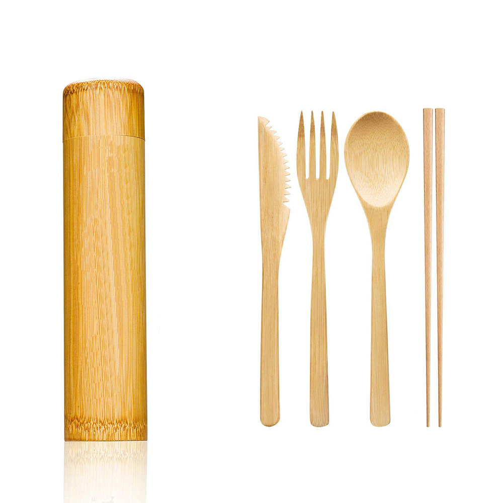 Cuchillo, tenedor y cuchara de bambú de Amazon, vajilla de bambú, caja de regalo de almacenamiento de tubos de bambú, vajilla portátil de bambú personalizada en tubo de regalo