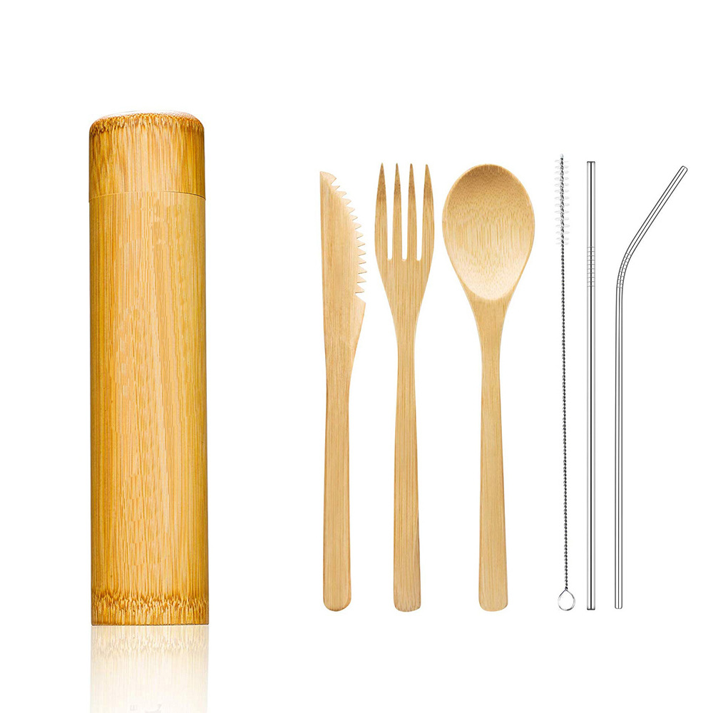 Cuchillo, tenedor y cuchara de bambú de Amazon, vajilla de bambú, caja de regalo de almacenamiento de tubos de bambú, vajilla portátil de bambú personalizada en tubo de regalo