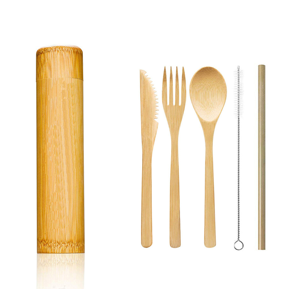 Cuchillo, tenedor y cuchara de bambú de Amazon, vajilla de bambú, caja de regalo de almacenamiento de tubos de bambú, vajilla portátil de bambú personalizada en tubo de regalo