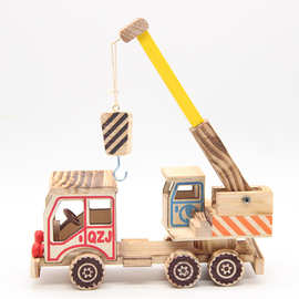 木制汽车模型摆件批发仿真吊车起重机模型儿童木质工程车玩具
