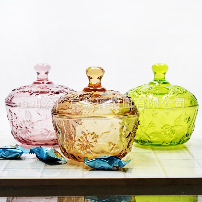 欧式彩色玻璃糖果罐带盖储物罐家用茶叶罐子复古浮雕玻璃调料罐子
