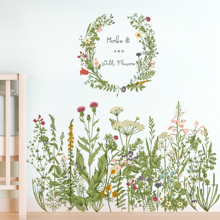 Wall Stickers with Plants, Flowers, Garlands, Baseboard, Door, Bedroom, Entryway Wall Decorations, Pastoral Style Wall Stickers