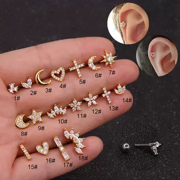 Titanium steel stainless steel rod with micro inlay of zircon crown ear bone screws, twist balls, fashionable earrings, European and American piercing accessories - ShopShipShake