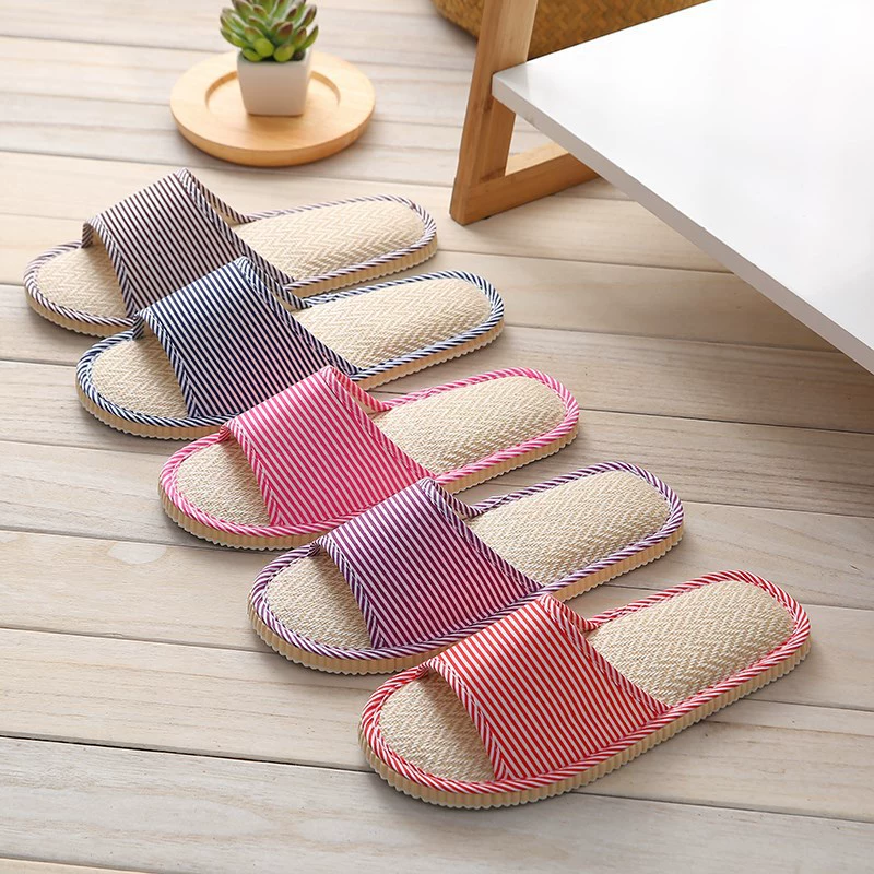 Новые домашние тапочки Four Seasons в полоску, женские деревянные напольные туфли, впитывающие пот с мягкой подошвой, домашние Нескользящие мужские льняные тапочки оптом