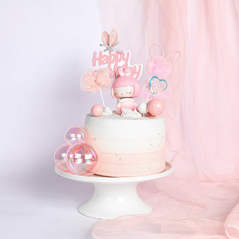 Baking Cake Decoration ins Style Small Fresh and MengMeng Rabbit Ear hb Mesh Bow Plug-in Birthday Cake Plug-in