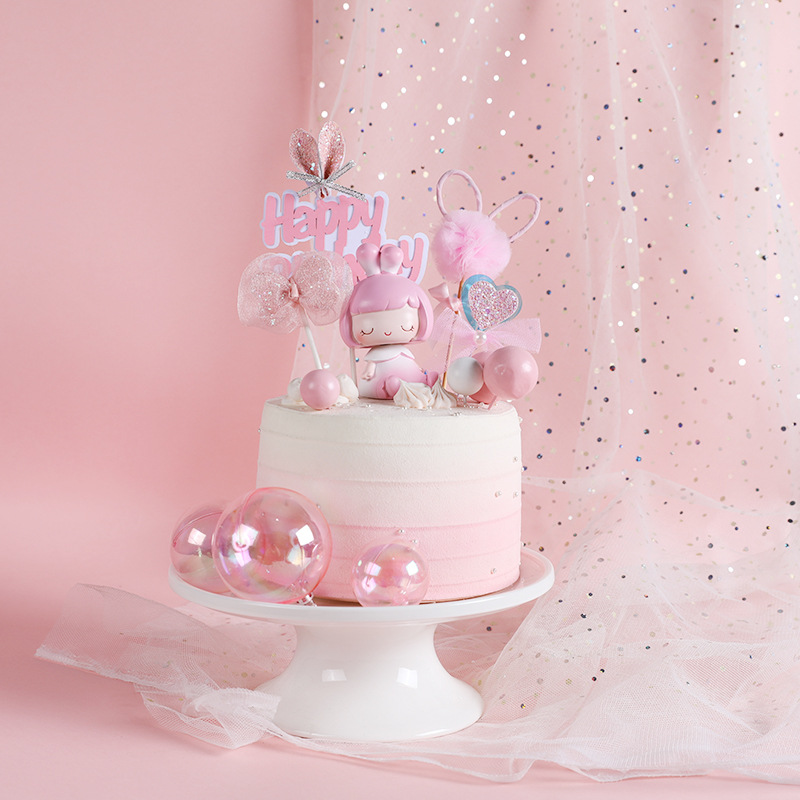Baking Cake Decoration ins Style Small Fresh and MengMeng Rabbit Ear hb Mesh Bow Plug-in Birthday Cake Plug-in