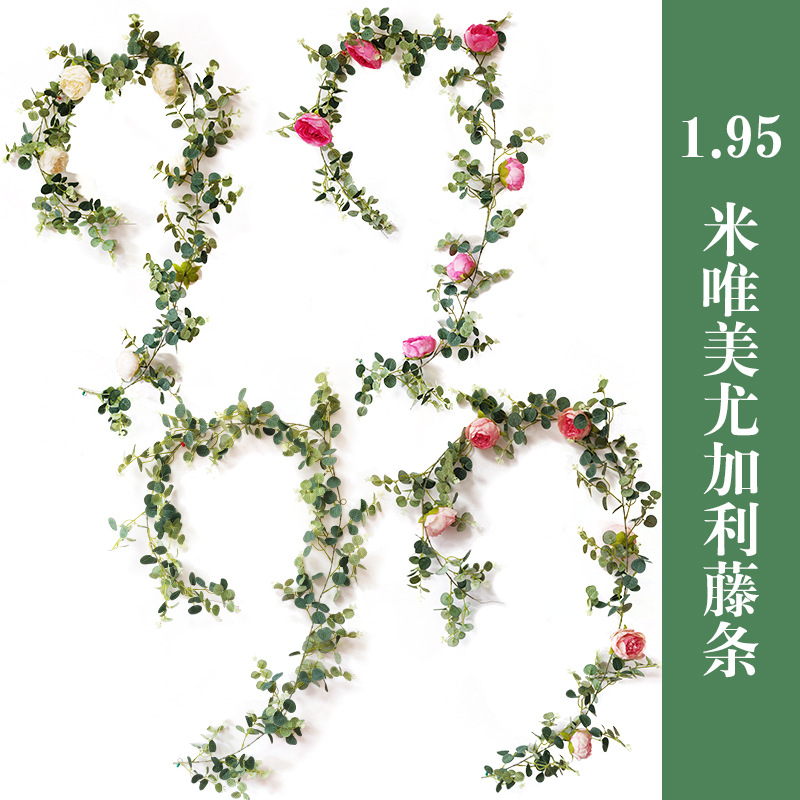 Amazon eucalipto Rose vid boda decoración del hogar artificial peonía Camelia dinero hoja flor artificial vid