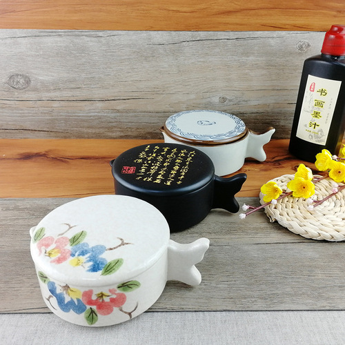 Multifunctional ceramic inkwell with lid, stationery set for storing ink, color mixing plate, ink dish, pen rest, and ink tray.