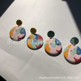 加工饰品软陶泥撞色不规则耳环 抽象油画耳夹耳钉 S925银耳针