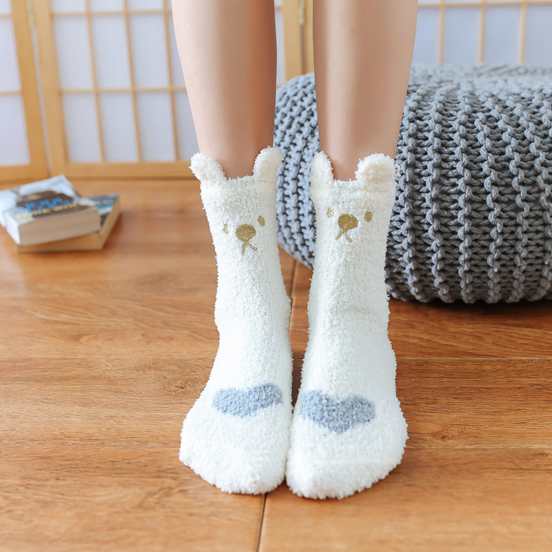 Japanese Coral Fleece Women's Socks Embroidered Cat Sleeping Socks Korean Version Cute Love Home Floor Socks Ear Cartoon Socks