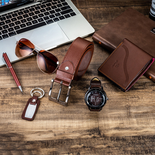 A04988 Men's Watch Belt Set Glasses Belt Wallet Keychain Large Dial Quartz Watch Gift
