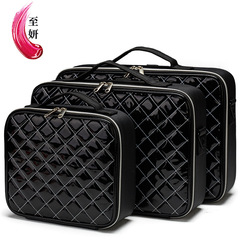 手提化妝包大容量菱格紋化妝箱紋繡美甲工具箱多功能化妝品收納包