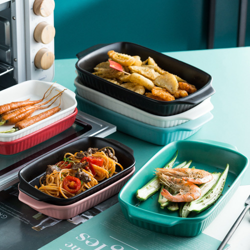 Good-looking double-eared ceramic baking pan, household dish plate, baking plate, hotel cheese baked rice plate, Nordic tableware wholesale