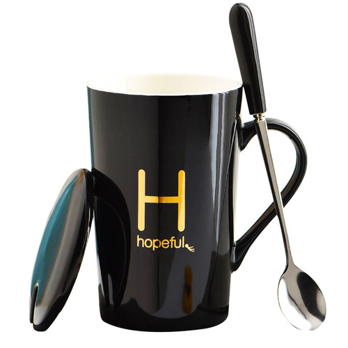Creative Surname Letter Ceramic Mug, Mark Cup with Lid and Spoon, Couple’s Cup, Logo Coffee and Milk Cup, Big-Bellied Cup