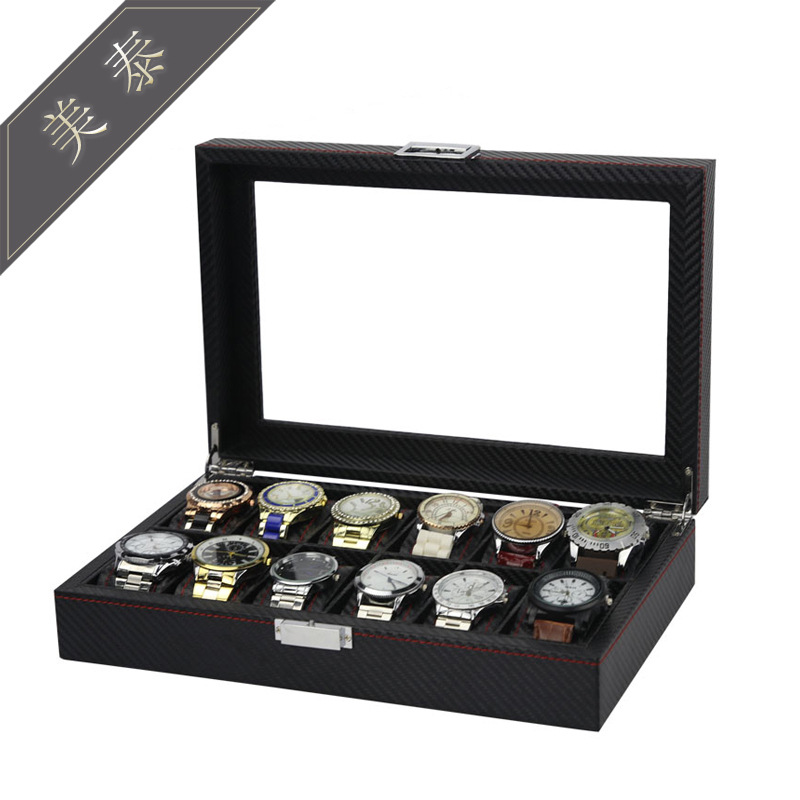 手表盒12位编织纹碳纤维木质手表收纳展示盒PU皮表枕首饰盒