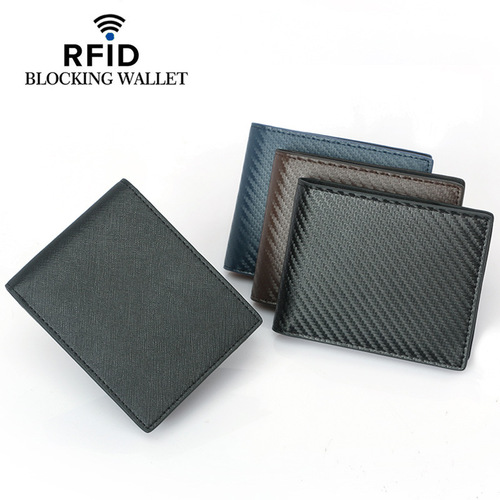 Cross-border new style carbon fiber pattern anti-theft brush wallet RFID short top layer genuine leather men's wallet