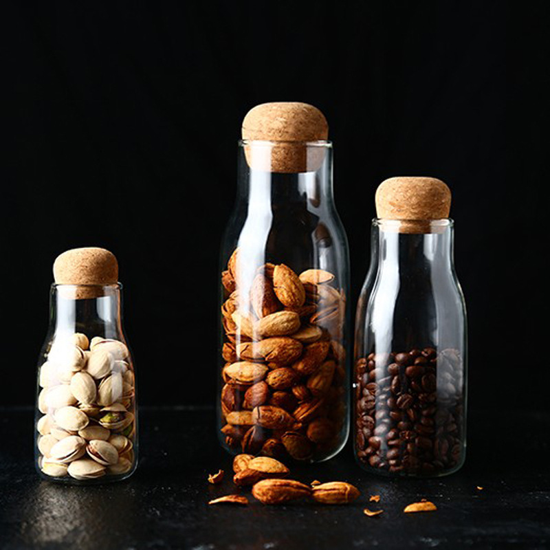 Tarro de té de vidrio Tarro de té Tarro de almacenamiento de frutas secas de grano múltiple Tarro de almacenamiento de corcho Tarro sellado de especias de grano de café