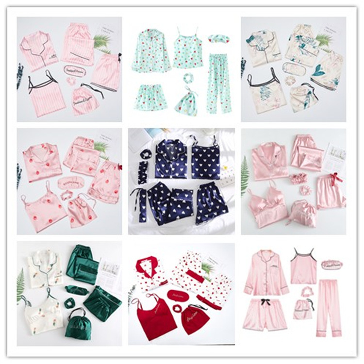 Foreign Trade 2025 Factory Direct Supply of All Year Round Korean Style Imitation Silk Pajamas for Women Spring & Fall Long-Sleeved Cardigan Seven-Piece Home Wear Set