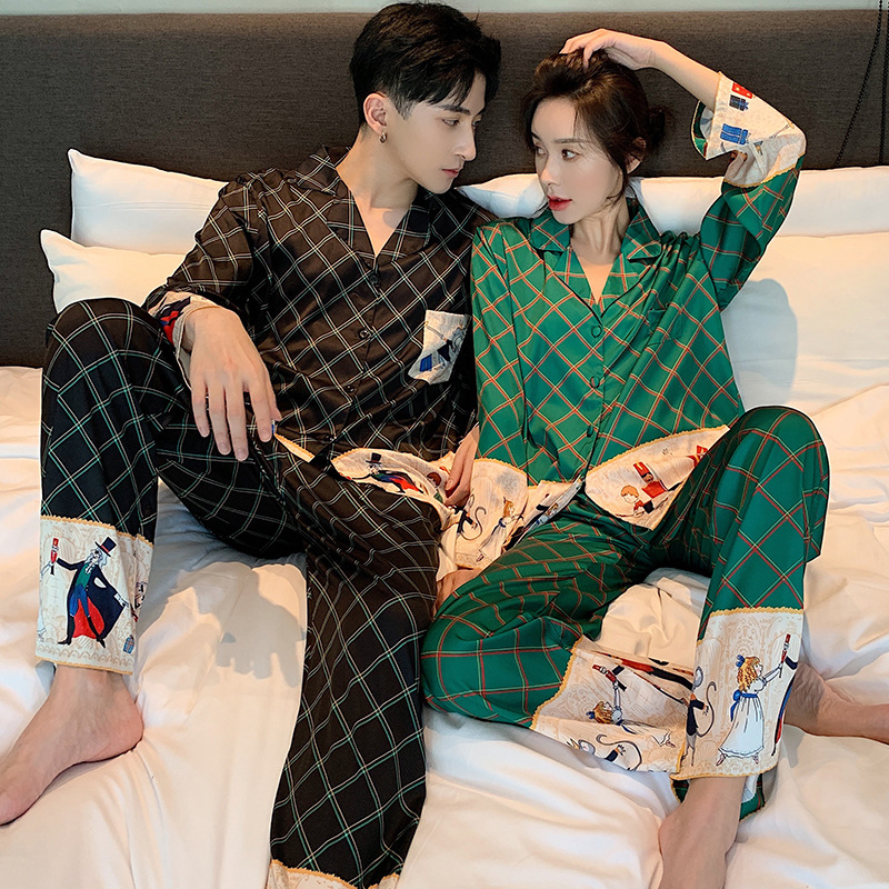 New Couple Pajamas Autumn Long Sleeve Imitation Ice Silk Thin Women's Cartoon Spring and Autumn Pajamas Men's Home Clothes Suit Winter