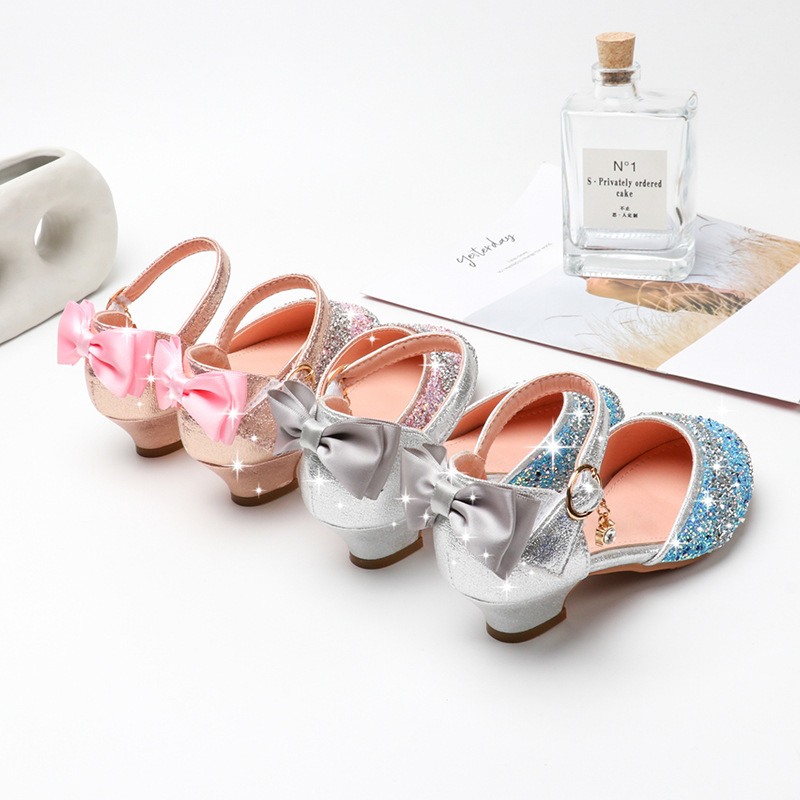Girls High-Heeled Princess Shoes 2025 Summer Rhinestone Hollow Kidsren's Sandals Sequin Stripesd Primary School Shoes for Women