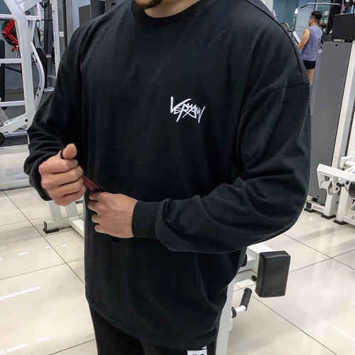Muscular men's trendy brand loose fitness clothes casual training sportswear long-sleeved T-shirt pullover sweatshirt thin men's