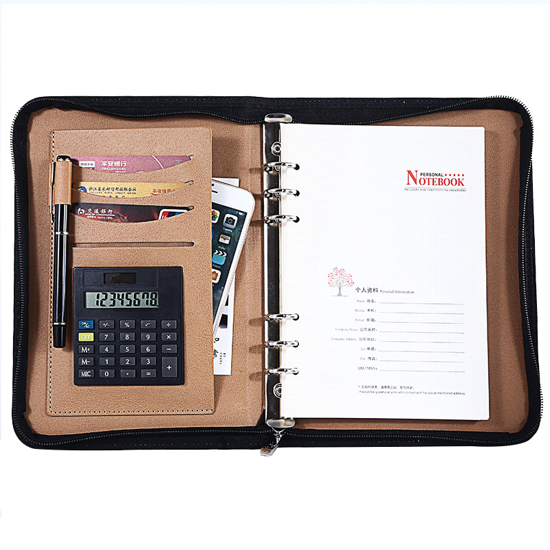 Fábrica al por mayor A5 cremallera bolsa pluma cuaderno de hojas sueltas de negocios de imitación cinturón calculadora Oficina administrador de archivos clip
