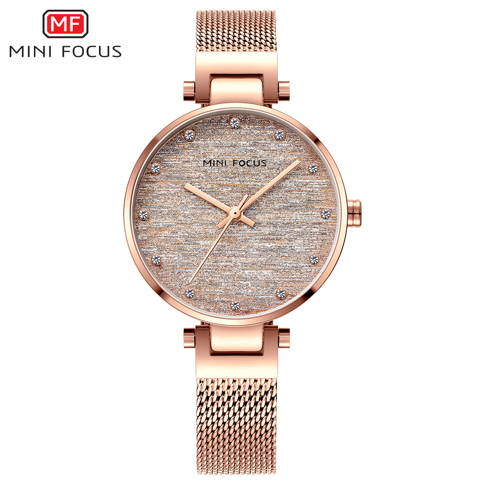 MINI FOCUS Brand Women's Watch Light Luxury Silk Dial Japanese Movement Diamond Waterproof Milan Mesh Band 0328L