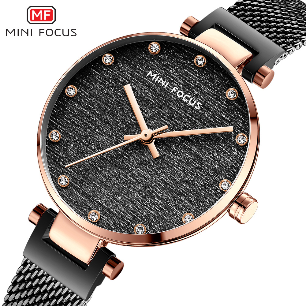 MINI FOCUS Brand Women's Watch Light Luxury Silk Dial Japanese Movement Diamond Waterproof Milan Mesh Band 0328L
