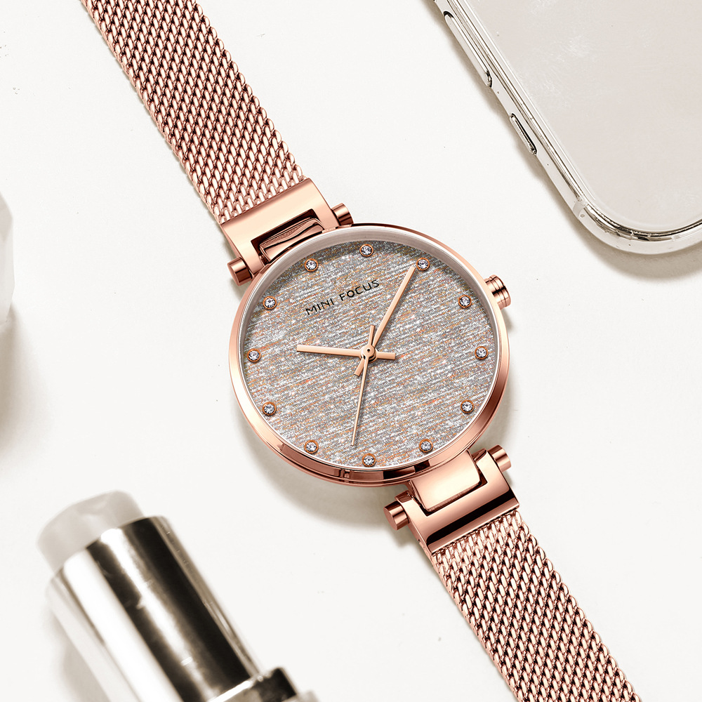 MINI FOCUS Brand Women's Watch Light Luxury Silk Dial Japanese Movement Diamond Waterproof Milan Mesh Band 0328L