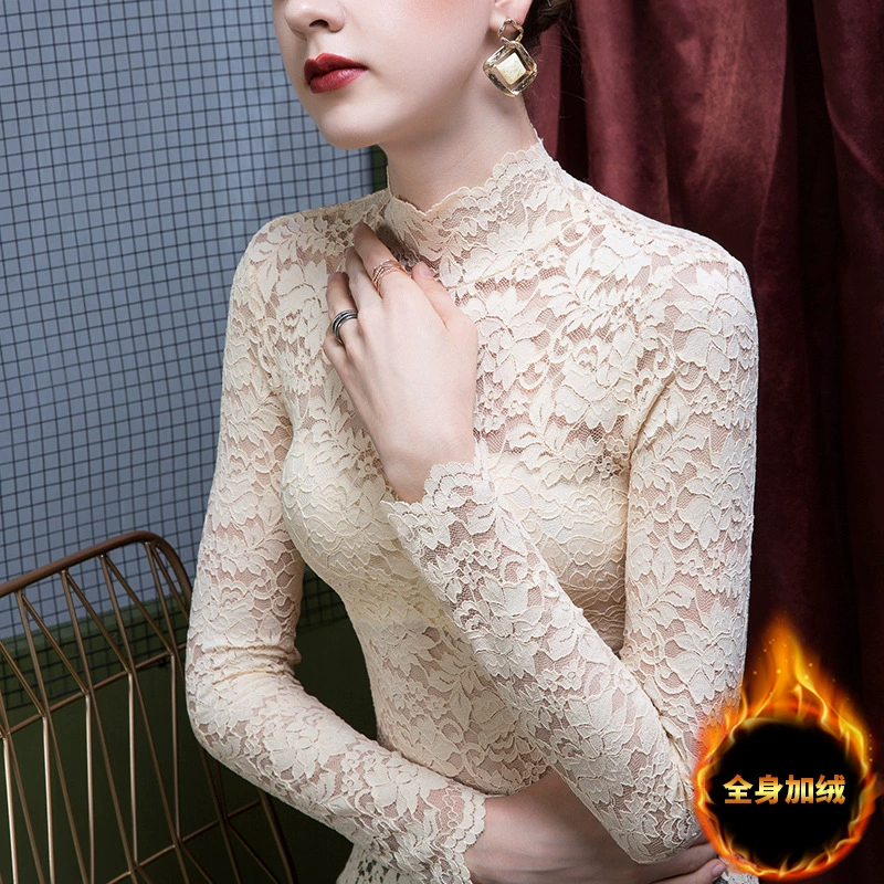 Осенне-зимняя кружевная Базовая рубашка, Женская облегающая утепленная стильная модная Облегающая рубашка с высоким воротником на флисовой подкладке, новинка зимы