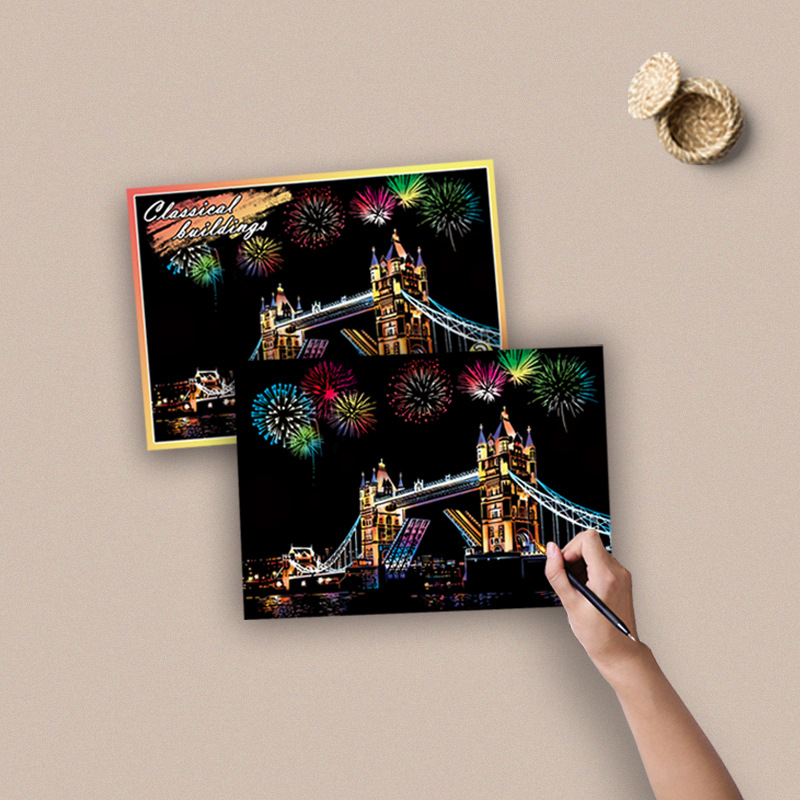 跃鹿YUELU夜景刮刮画城市风景建筑刮画小号炫彩跨境热销刮刮画