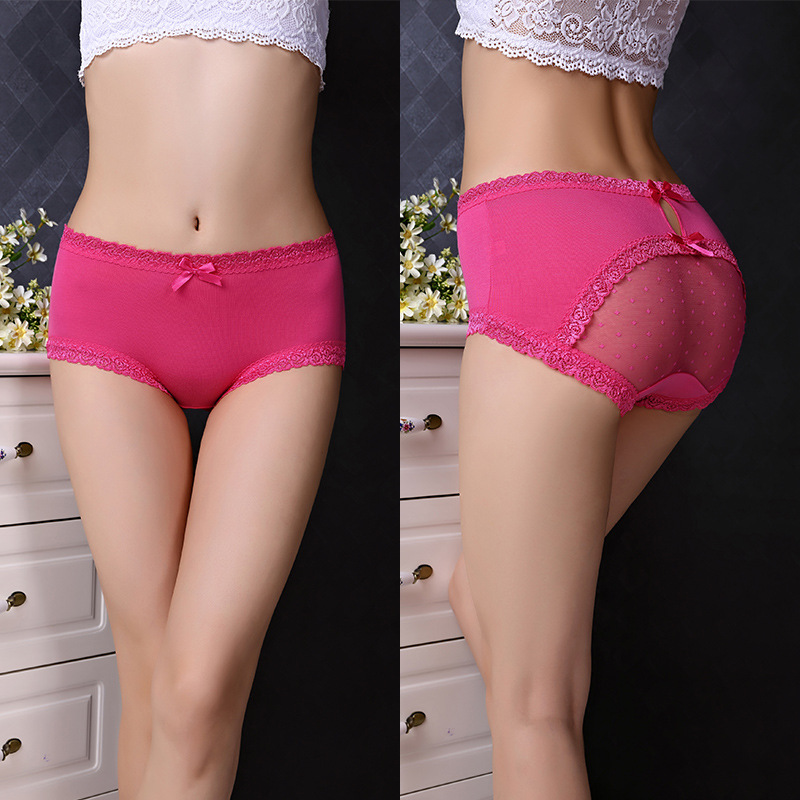 Xiaotianer 461 Sexy Bow Hip Women's Mid-Waist Underwear Lace-Trim Breathable Modal Plus Size Briefs