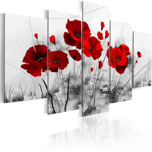 红色罂粟花五联画现代客厅沙发背景墙装饰帆布画无框画芯