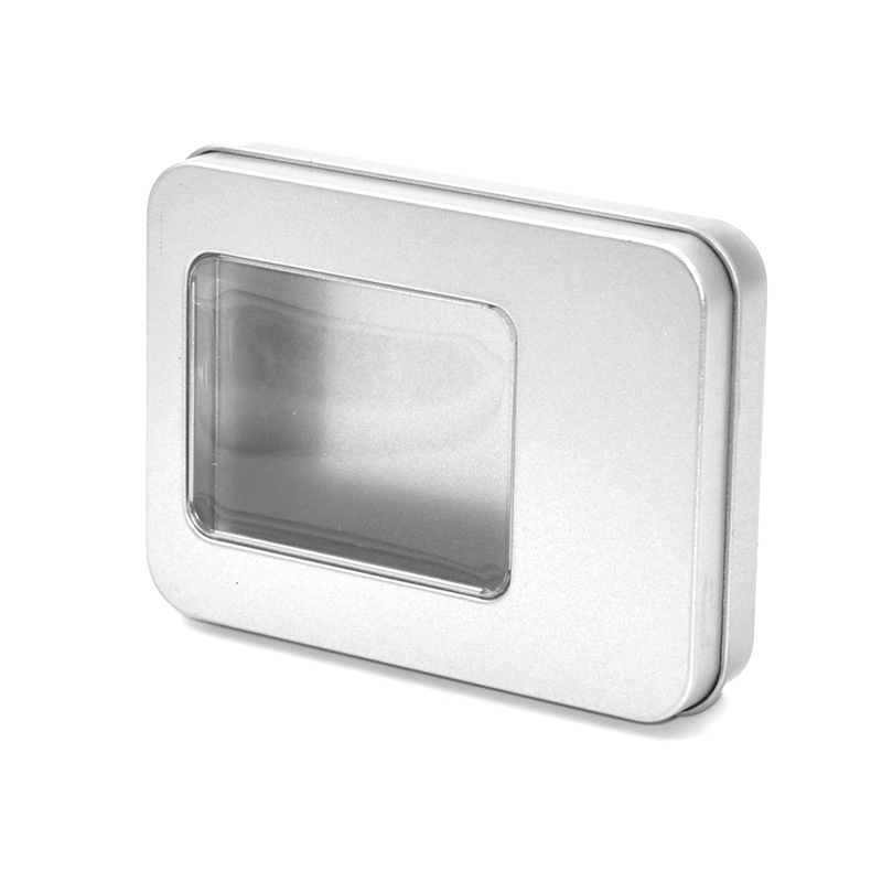 Caja de hierro en stock embalaje caja vacía caja de hojalata rectangular Ventana de PVC multi-tamaño caramelo U-placa caja imprimible logotipo