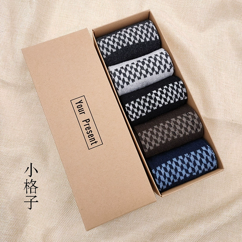 Men’s wool‑blend mid‑length socks (gift box), 5 pairs, patterned styles