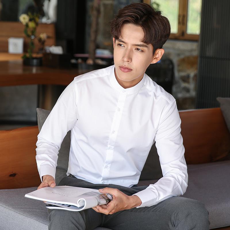 New Spring and Autumn Men's White Chinese Stand-Up Collar Long-Sleeved Shirt Anti-Wrinkle No-Iron Work Shirt Business Formal Men's Clothing New Spring and Autumn Men's White Chinese Stand-Up Collar Long-Sleeved Shirt Anti-Wrinkle No-Iron Work Shirt Business Formal Men's Clothing