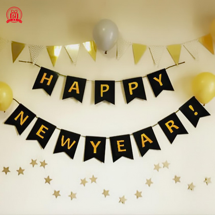 Feliz Año Nuevo decoración del partido diseño tire flor Feliz Año Nuevo dorado carta cola de pez tire bandera
