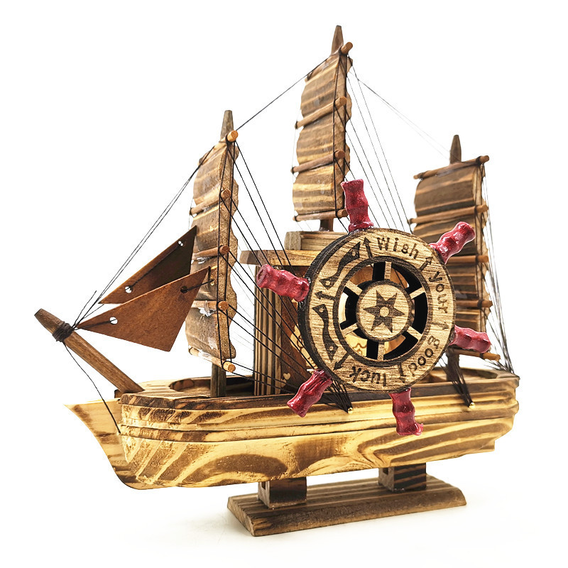 Factory wholesale supply wooden crafts creative home decoration black sailboat windmill wooden clockwork music box