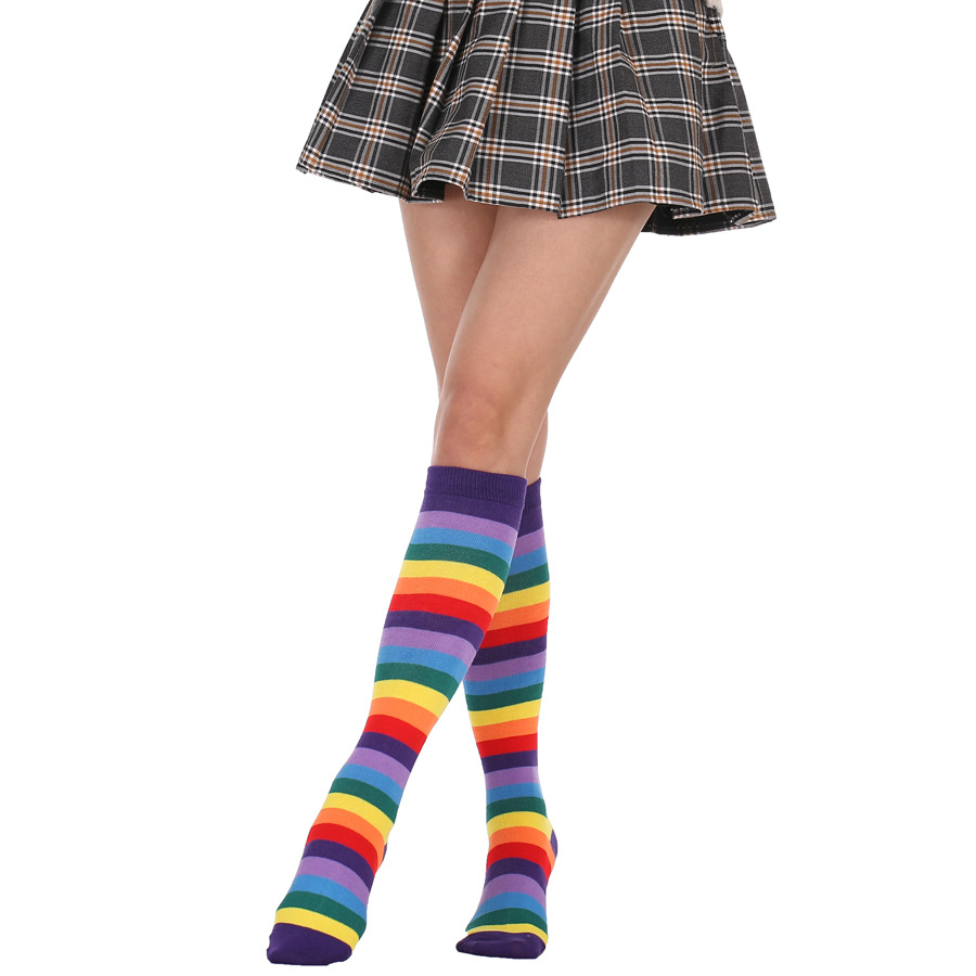 Arco Iris a rayas calcetines de media pantorrilla de espesor medio calcetines de algodón hasta la rodilla de las mujeres tamaño libre copsplay desfile de moda Calcetines